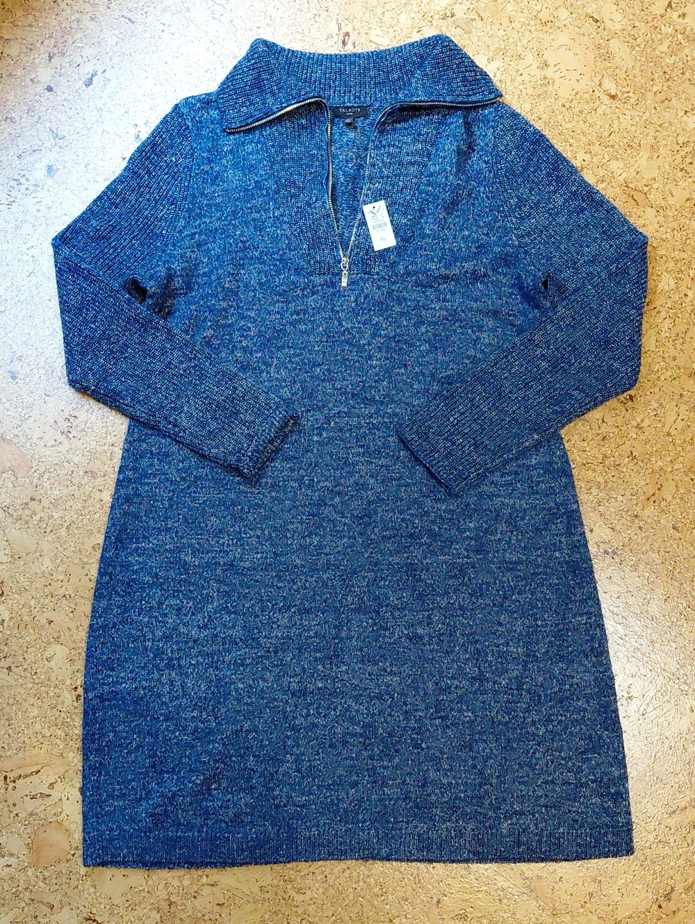 Talbots Blue Speckled Knit 1/4 Zip Sweater Dress Size Petite Large NWT